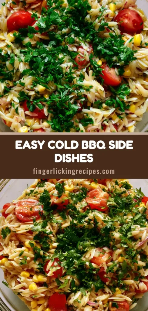A vibrant bowl of orzo pasta salad with corn and tomatoes, a perfect example of Cold BBQ Side Dishes.