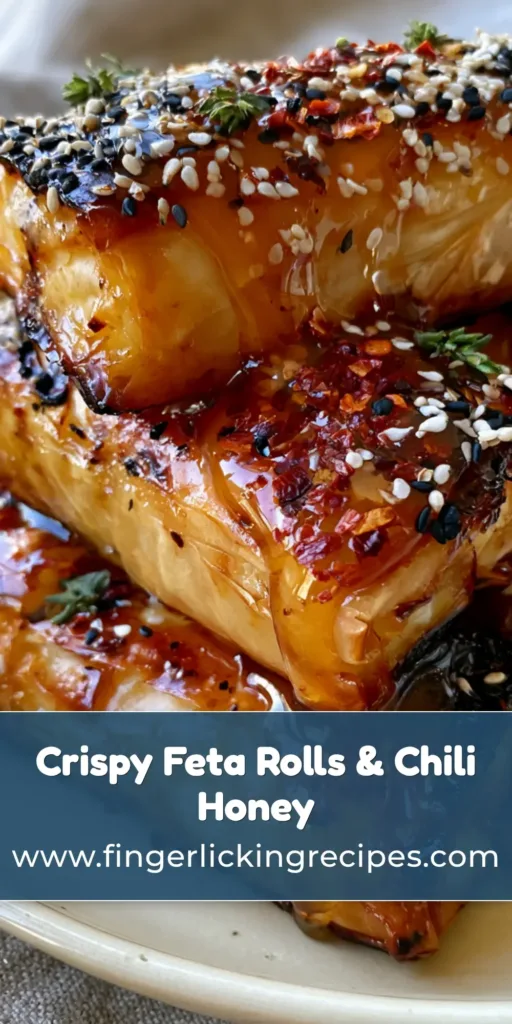 A stack of golden brown Baked Feta Rolls on a cream plate with honey drizzle and sesame seeds.