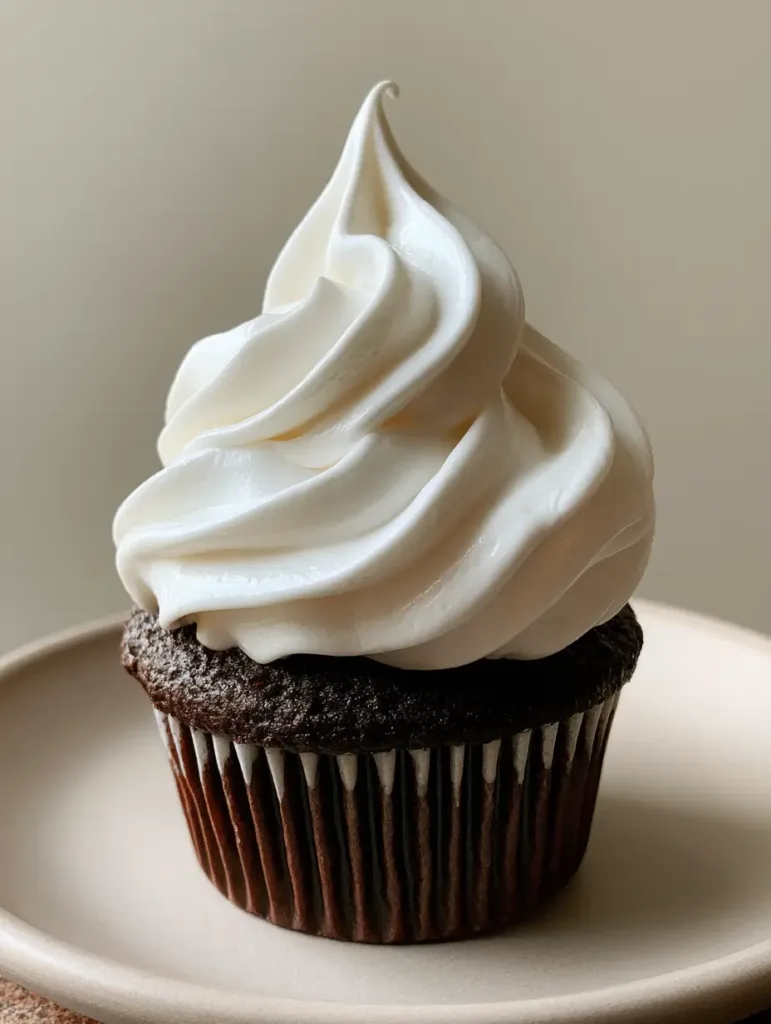 Side view of a dark chocolate cupcake topped with a glossy white marshmallow buttercream swirl.
