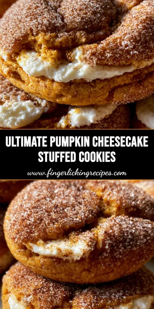 Pumpkin Cheesecake Cookies: The Ultimate Soft Pumpkin Spice Stuffed Delights 5 A close-up vertical shot of Pumpkin Cheesecake Cookies on a plate, showing the creamy filling through cracks in the cinnamon-sugar crust.
