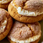 Pumpkin Cheesecake Cookies: The Ultimate Soft Pumpkin Spice Stuffed Delights Overhead view of several Pumpkin Cheesecake Cookies with orange-toned dough and white filling visible through surface cracks.