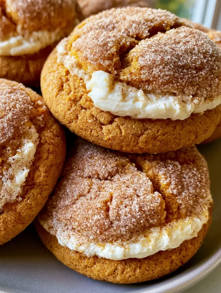 Pumpkin Cheesecake Cookies: The Ultimate Soft Pumpkin Spice Stuffed Delights 3 Overhead view of several Pumpkin Cheesecake Cookies with orange-toned dough and white filling visible through surface cracks.