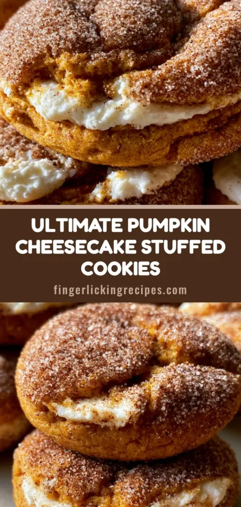 Pumpkin Cheesecake Cookies: The Ultimate Soft Pumpkin Spice Stuffed Delights 6 A close-up vertical shot of Pumpkin Cheesecake Cookies on a plate, showing the creamy filling through cracks in the cinnamon-sugar crust.