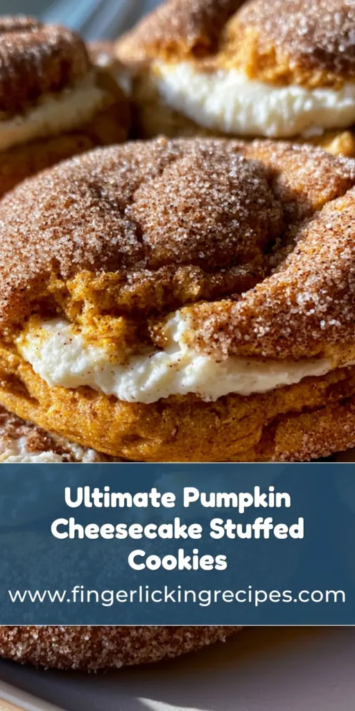 Pumpkin Cheesecake Cookies: The Ultimate Soft Pumpkin Spice Stuffed Delights 7 A close-up vertical shot of Pumpkin Cheesecake Cookies on a plate, showing the creamy filling through cracks in the cinnamon-sugar crust.