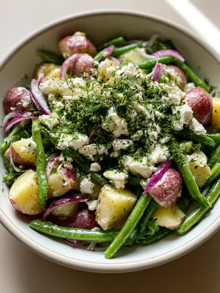 Close-up of the glistening lemon vinaigrette and fresh herbs on the Mediterranean Greek Potato Salad. (Mediterranean Greek Potato Salad)