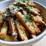A handheld smartphone photo showing the texture of Garlic Parmesan Fries with snow-white cheese and green parsley flakes in natural light.