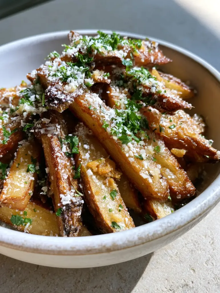 Garlic Parmesan Fries: The Ultimate Guide to Crispy, Golden Perfection 3 A handheld smartphone photo showing the texture of Garlic Parmesan Fries with snow-white cheese and green parsley flakes in natural light.