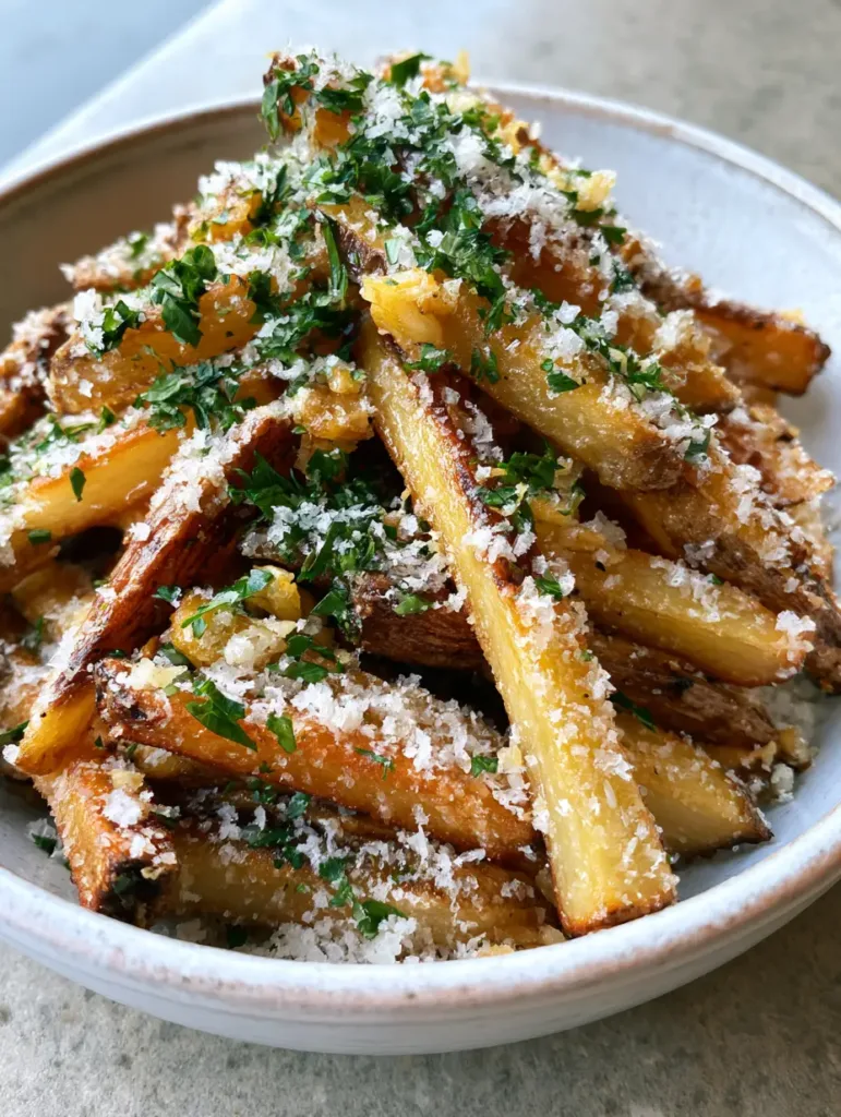 Garlic Parmesan Fries: The Ultimate Guide to Crispy, Golden Perfection 2 Thick-cut Garlic Parmesan Fries piled high in a white ceramic bowl on a light-grey stone surface.