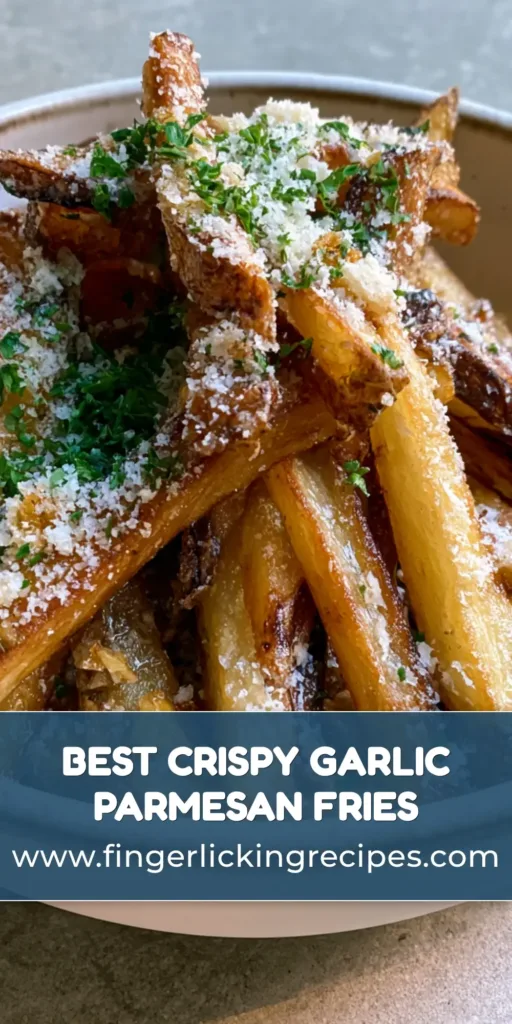 Garlic Parmesan Fries: The Ultimate Guide to Crispy, Golden Perfection 8 A towering heap of crispy Garlic Parmesan Fries in a rustic white bowl, featuring golden-brown charred edges and a heavy dusting of parmesan cheese.