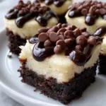 Brownie Bottom Cheesecake Bites: The Ultimate Fudgy and Creamy Mini Dessert Handheld photo of a Brownie Bottom Cheesecake Bite showing the dense dark base and pale ivory cheesecake top.