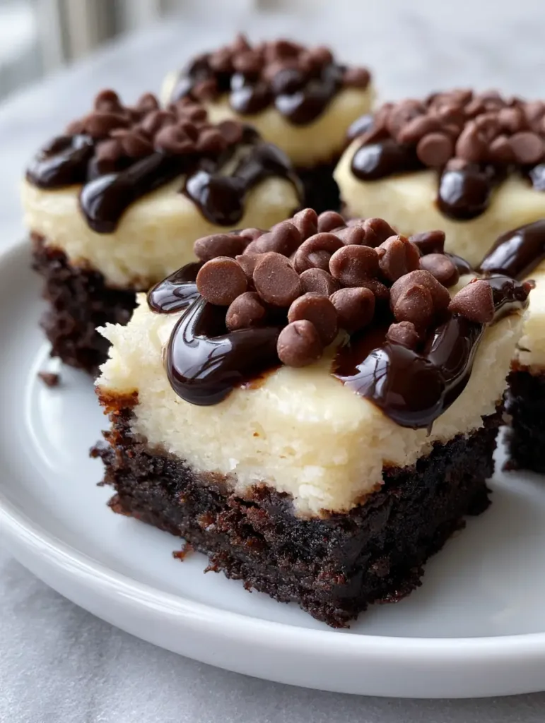 Handheld photo of a Brownie Bottom Cheesecake Bite showing the dense dark base and pale ivory cheesecake top.