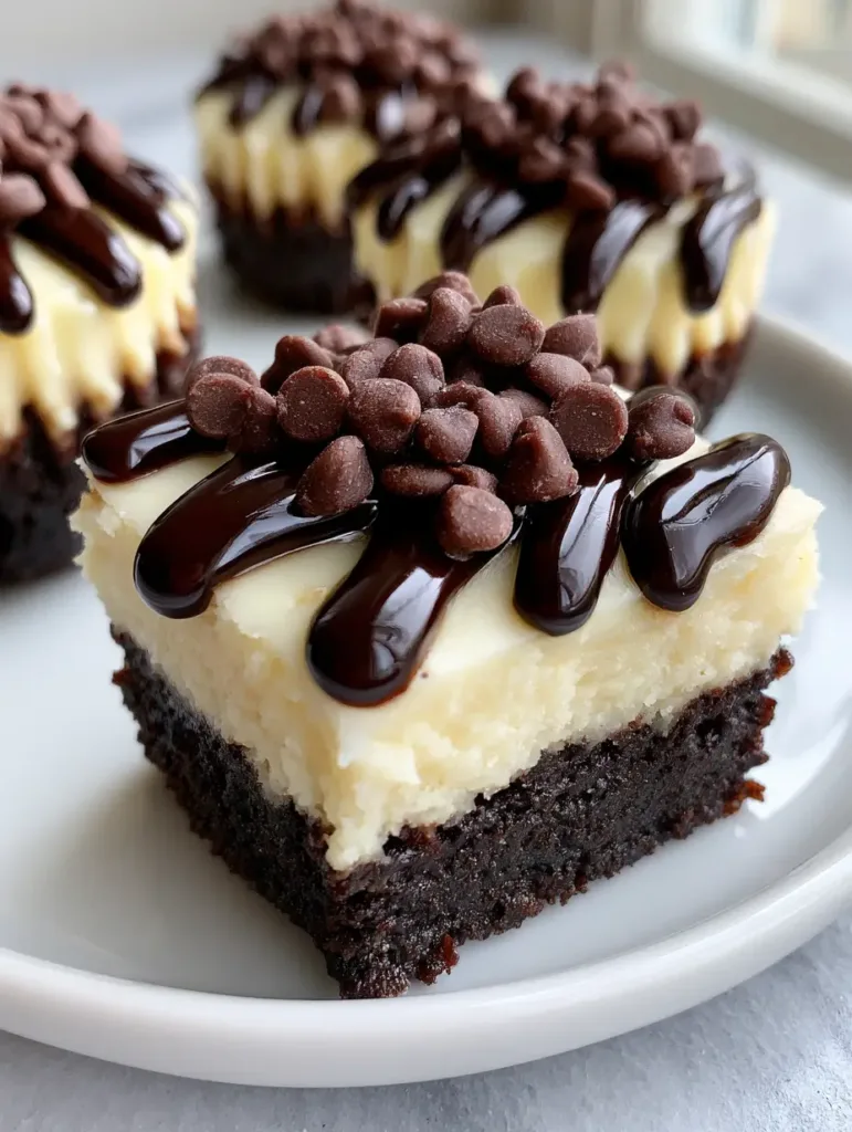 Brownie Bottom Cheesecake Bites arranged on a marble surface with glossy ganache zig-zags.