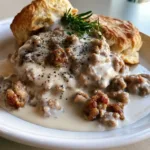 Overhead smartphone shot of creamy ivory sausage gravy over golden biscuits on a white plate. (Pioneer Woman Sausage Gravy)