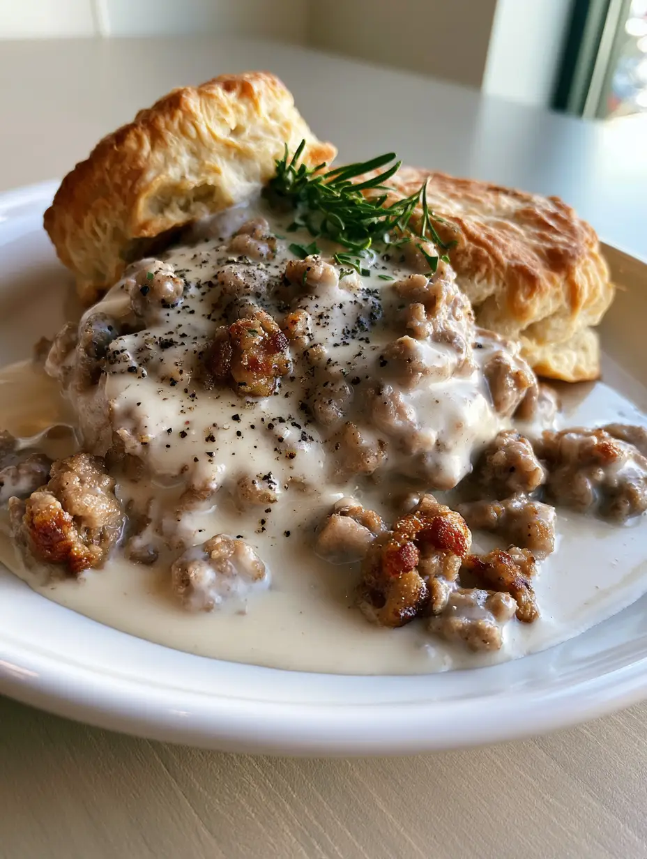 Pioneer Woman Sausage Gravy: The Ultimate Southern Comfort Breakfast 5 Overhead smartphone shot of creamy ivory sausage gravy over golden biscuits on a white plate. (Pioneer Woman Sausage Gravy)
