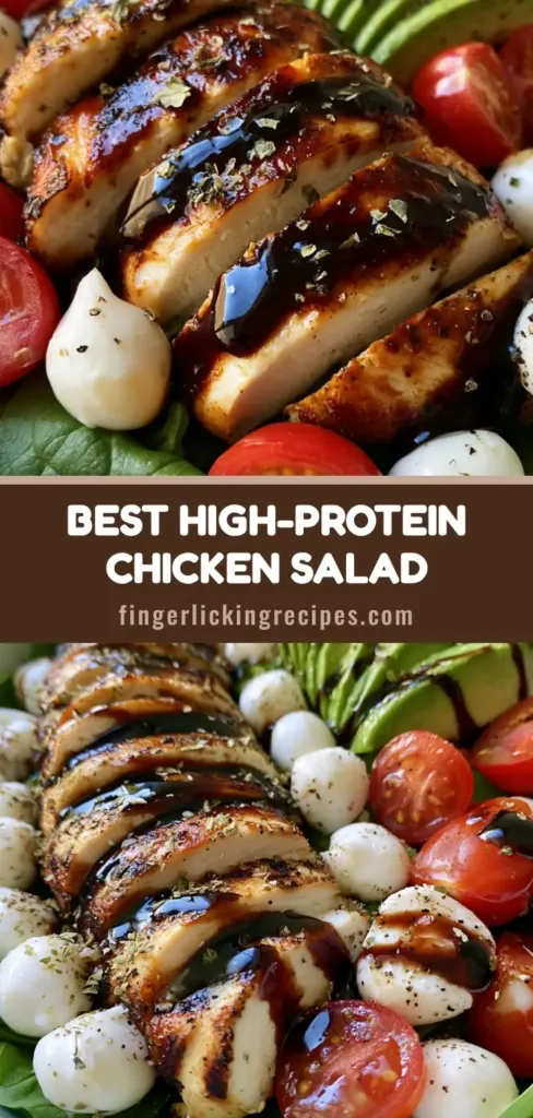 Baked Chicken Salad with Balsamic Glaze and Fresh Mozzarella 6 A healthy Baked Chicken Salad in a white ceramic bowl featuring sliced charred chicken, fresh spinach, avocado, and balsamic glaze.