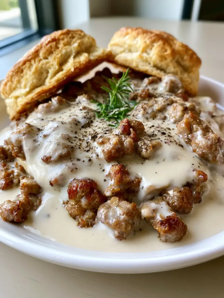 Pioneer Woman Sausage Gravy: The Ultimate Southern Comfort Breakfast 2 Close up of thick pork sausage gravy with coarse ground black pepper and rosemary garnish on golden biscuits.