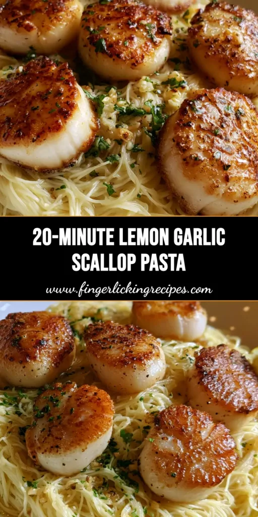 Lemon Garlic Scallop Pasta with Buttery Angel Hair 5 A close-up vertical shot of Lemon Garlic Scallop Pasta featuring five golden-crusted sea scallops over shimmering angel hair with fresh parsley.