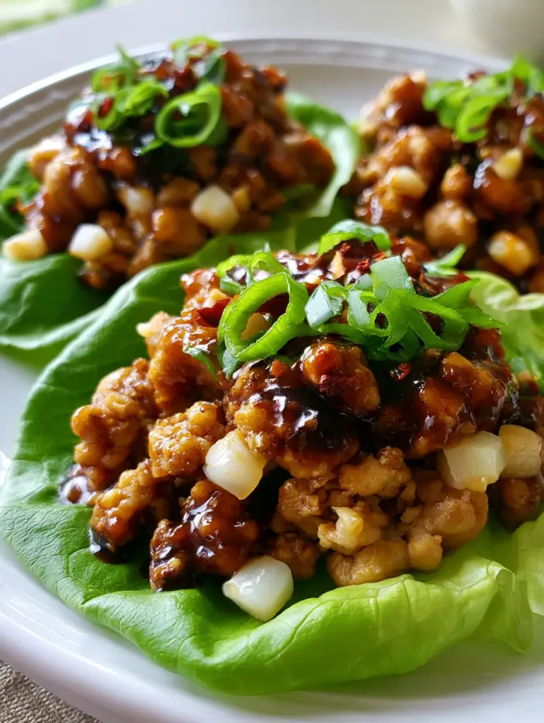 Three butter lettuce wraps on a white plate showing glossy dark amber hoisin chicken. (PF Chang's Chicken Lettuce Wraps)