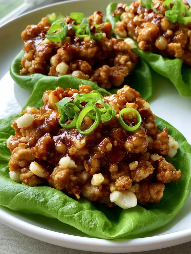 PF Chang's Chicken Lettuce Wraps: The Ultimate Glossy Copycat Recipe 2 Close-up of golden brown seared ground chicken with green onion garnish in a lettuce wrap. (PF Chang's Chicken Lettuce Wraps)