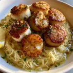 Overhead view of Lemon Garlic Scallop Pasta in a shallow white bowl showing five seared scallops and a lemon wedge.