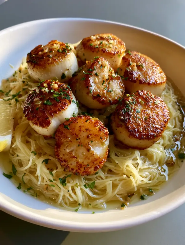 Lemon Garlic Scallop Pasta with Buttery Angel Hair 3 Overhead view of Lemon Garlic Scallop Pasta in a shallow white bowl showing five seared scallops and a lemon wedge.