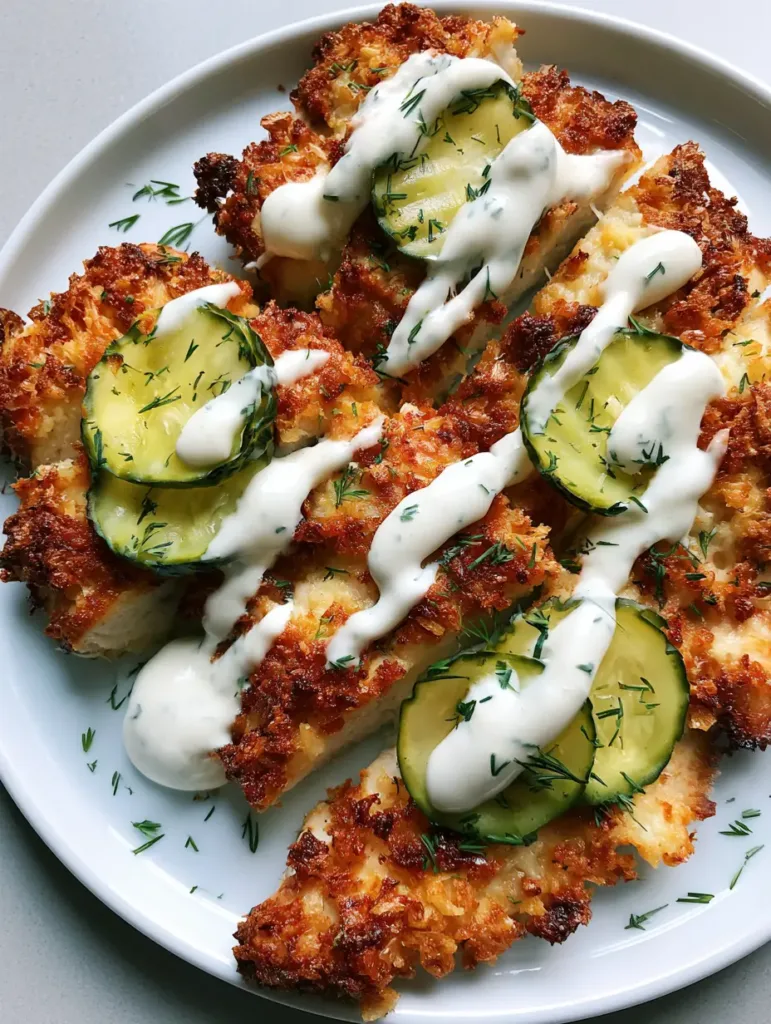 Air Fryer Dill Pickle Chicken: The Ultimate Crispy Parmesan-Crusted Guide 2 Sliced Air Fryer Dill Pickle Chicken drizzled with thick white ranch and garnished with neon-green pickles.