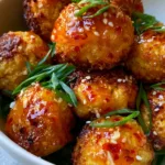 Air Fryer Tofu Balls with Glossy Sweet Chili Glaze Golden-brown Air Fryer Tofu Balls with textured crispy crusts and light char marks.