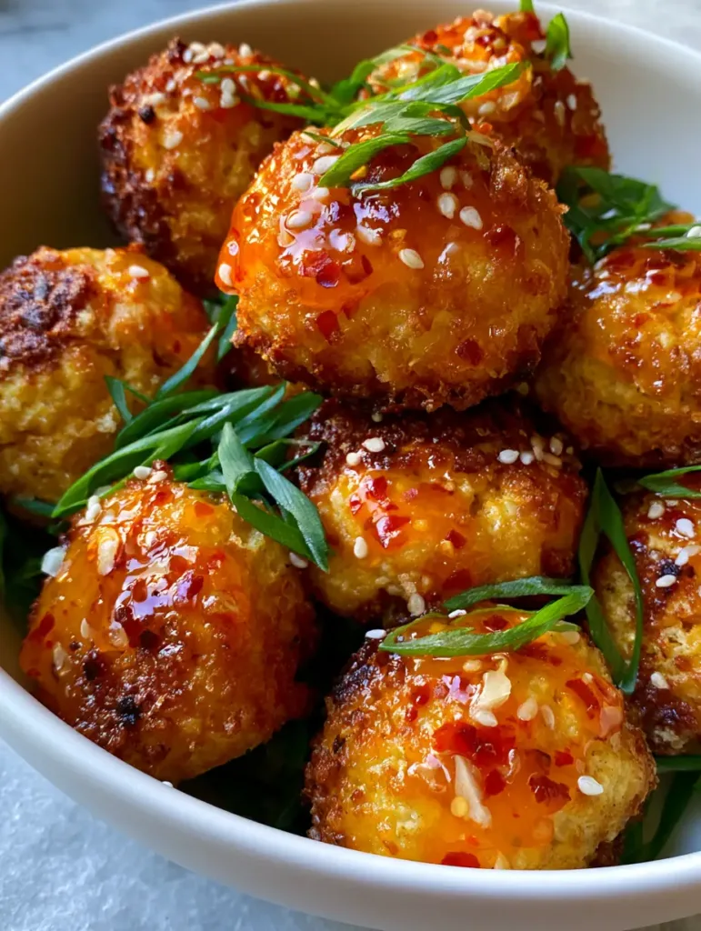 Air Fryer Tofu Balls with Glossy Sweet Chili Glaze 3 Golden-brown Air Fryer Tofu Balls with textured crispy crusts and light char marks.