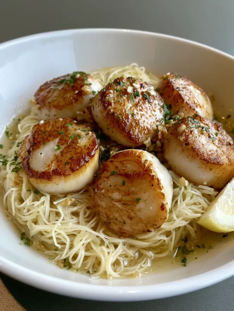 Lemon Garlic Scallop Pasta with Buttery Angel Hair 2 Close-up detail of the golden-brown crust on the sea scallops in the Lemon Garlic Scallop Pasta.