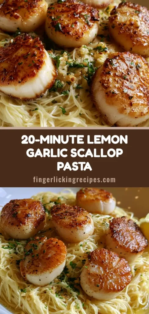 Lemon Garlic Scallop Pasta with Buttery Angel Hair 6 A close-up vertical shot of Lemon Garlic Scallop Pasta featuring five golden-crusted sea scallops over shimmering angel hair with fresh parsley.