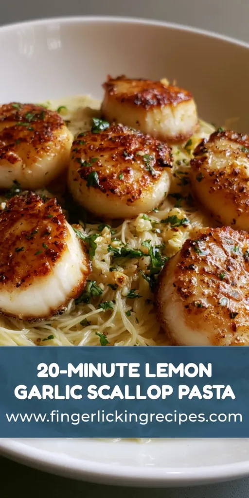 Lemon Garlic Scallop Pasta with Buttery Angel Hair 7 A close-up vertical shot of Lemon Garlic Scallop Pasta featuring five golden-crusted sea scallops over shimmering angel hair with fresh parsley.