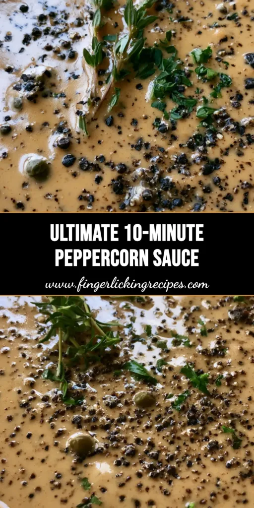 A top-down view of a Creamy Peppercorn Sauce in a metal skillet, showing a glossy beige texture with whole green and cracked black peppercorns.