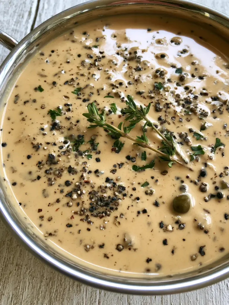 Close-up of Creamy Peppercorn Sauce speckled with coarse black pepper and green peppercorns in a skillet.