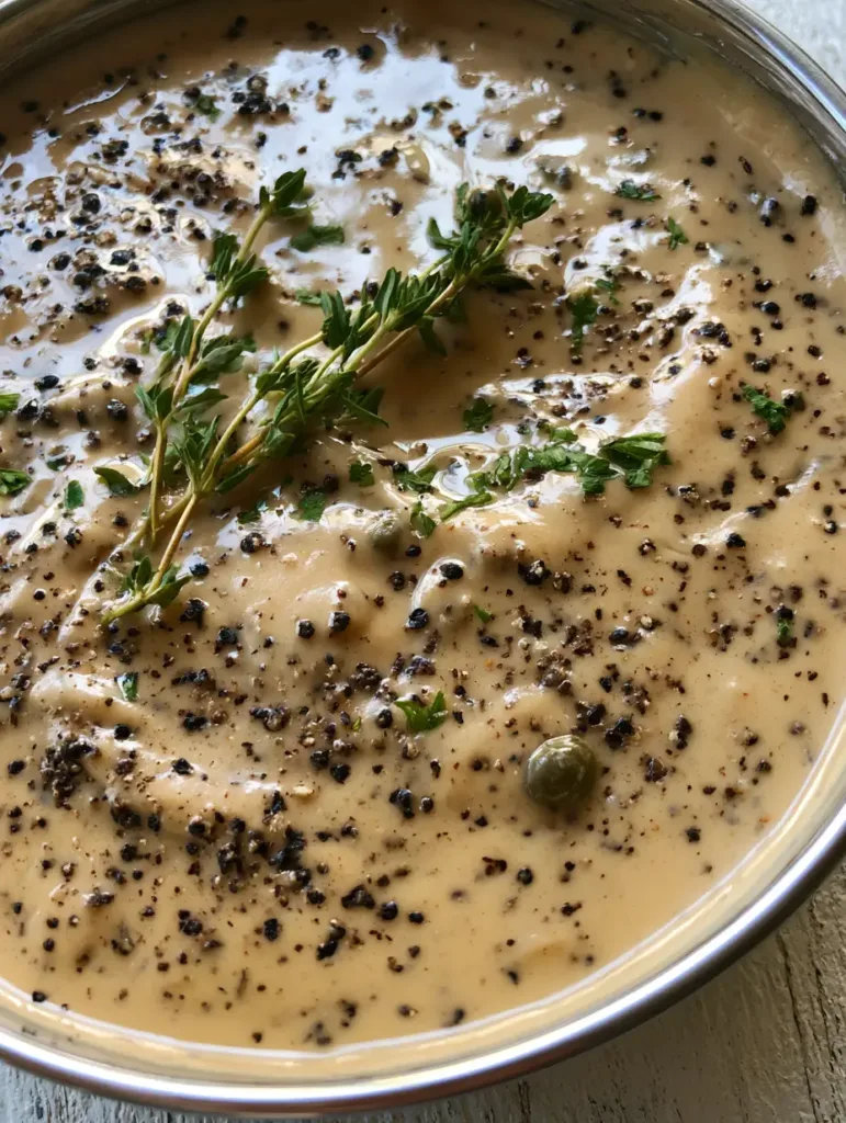 Creamy Peppercorn Sauce simmering in a pan with fresh thyme and parsley garnish.