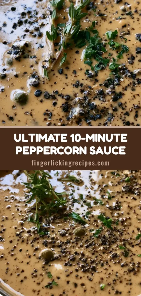 A top-down view of a Creamy Peppercorn Sauce in a metal skillet, showing a glossy beige texture with whole green and cracked black peppercorns.