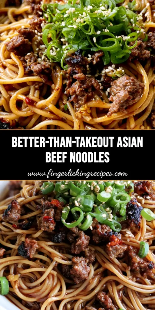 A close-up of Asian Ground Beef Spaghetti in a white bowl, featuring glossy noodles, charred beef crumbles, and green onion garnishes on a stone surface.