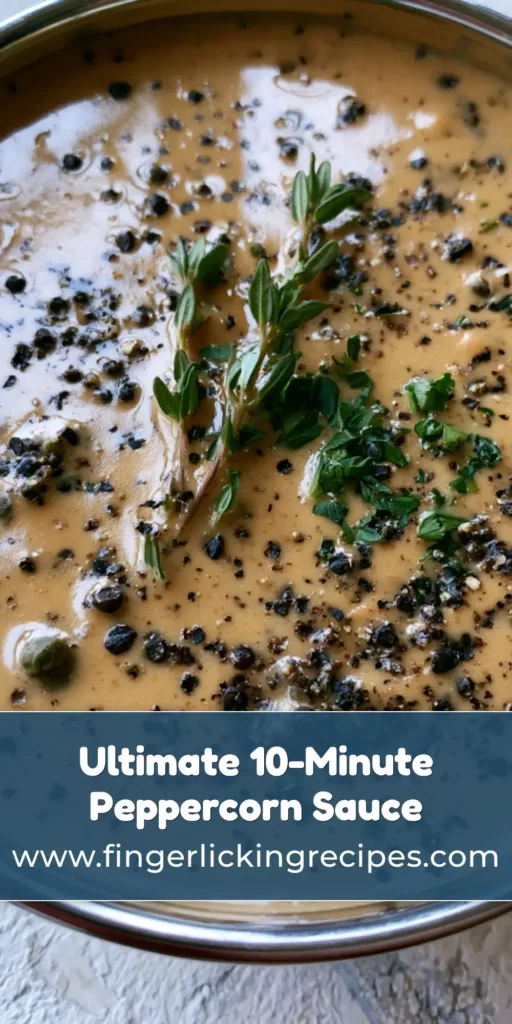 A top-down view of a Creamy Peppercorn Sauce in a metal skillet, showing a glossy beige texture with whole green and cracked black peppercorns.