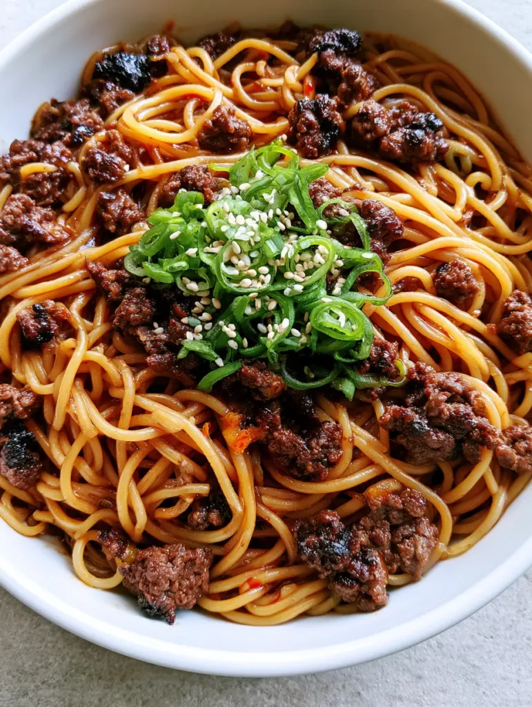 Detail shot of charred ground beef crumbles and sliced green onions over soy-garlic pasta strands.