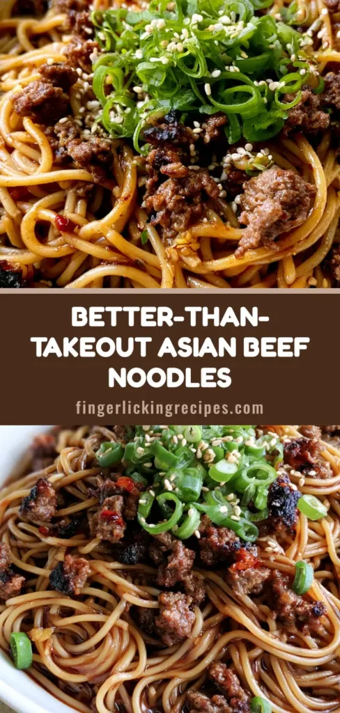 A close-up of Asian Ground Beef Spaghetti in a white bowl, featuring glossy noodles, charred beef crumbles, and green onion garnishes on a stone surface.
