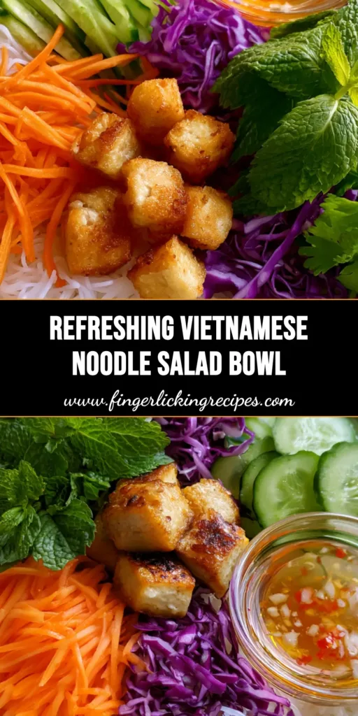 A vibrant Vietnamese Noodle Salad bowl with rice vermicelli, julienned carrots, cucumbers, purple cabbage, and golden-brown tofu cubes.