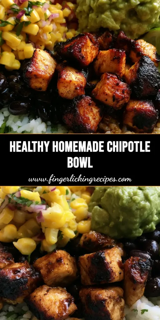 A top-down view of a Chipotle Chicken Bowl featuring charred chicken, fluffy cilantro lime rice, glossy black beans, and fresh guacamole.