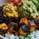 A handheld smartphone photo of a white ceramic bowl filled with a deconstructed Chipotle Chicken Bowl showing textures of rice and charred chicken.