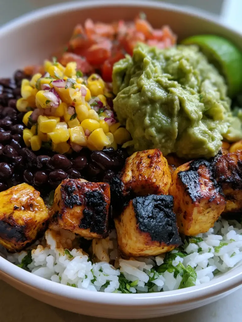 A handheld smartphone photo of a white ceramic bowl filled with a deconstructed Chipotle Chicken Bowl showing textures of rice and charred chicken.