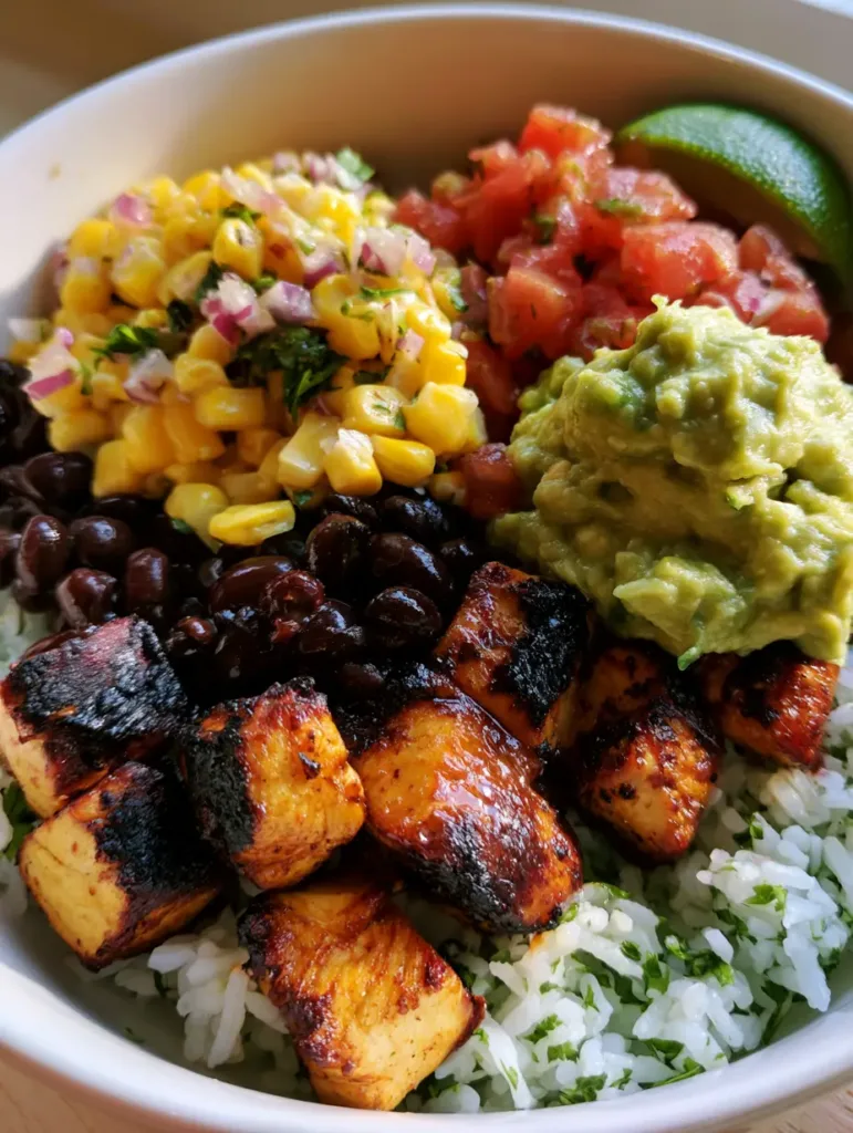 Close-up of golden-brown grilled chicken cubes with dark charred edges on a bed of cilantro lime rice.