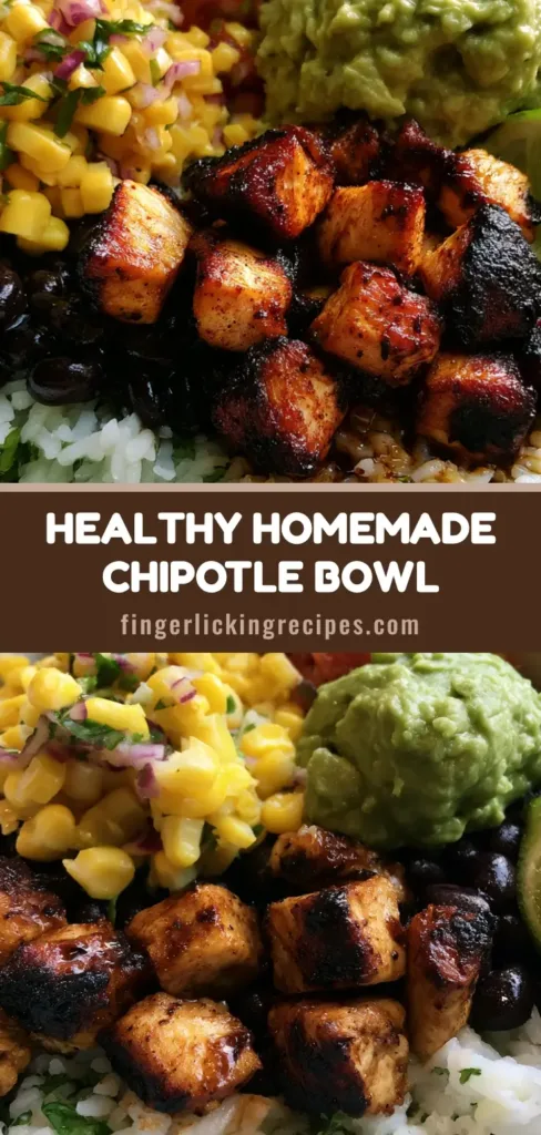 A top-down view of a Chipotle Chicken Bowl featuring charred chicken, fluffy cilantro lime rice, glossy black beans, and fresh guacamole.