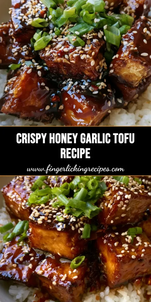 Honey Garlic Tofu: Crispy Pan-Seared Cubes in a Glossy Umami Glaze 5 A close-up vertical shot of Honey Garlic Tofu in a white bowl with green scallions and sesame seeds over steamed rice.