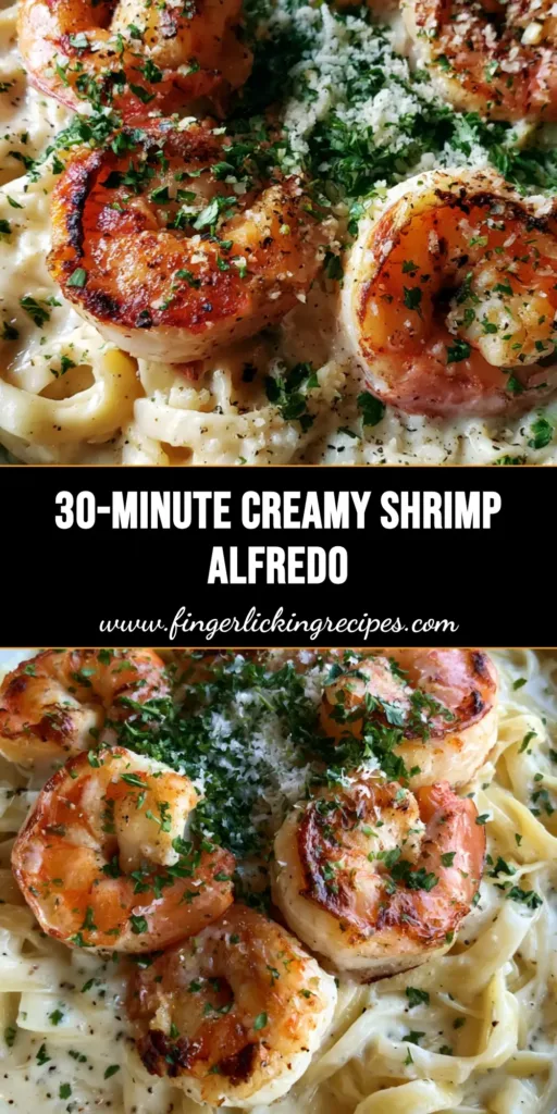 Creamy Garlic Shrimp Alfredo with Seared Jumbo Shrimp 5 Top-down view of Creamy Garlic Shrimp Alfredo with charred jumbo shrimp and fresh parsley in a white bowl.
