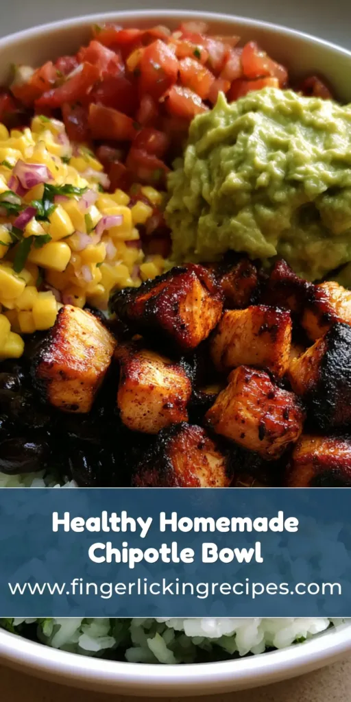 A top-down view of a Chipotle Chicken Bowl featuring charred chicken, fluffy cilantro lime rice, glossy black beans, and fresh guacamole.