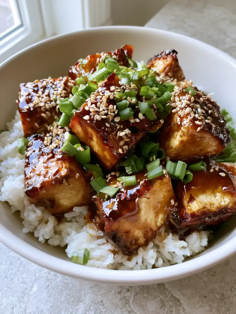 Honey Garlic Tofu: Crispy Pan-Seared Cubes in a Glossy Umami Glaze 3 Close-up overhead shot of crispy Honey Garlic Tofu cubes with a dark amber glaze on white rice.