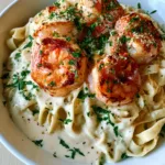 Close up of glossy white Alfredo sauce coating fettuccine ribbons and pink seared shrimp. (Creamy Garlic Shrimp Alfredo)